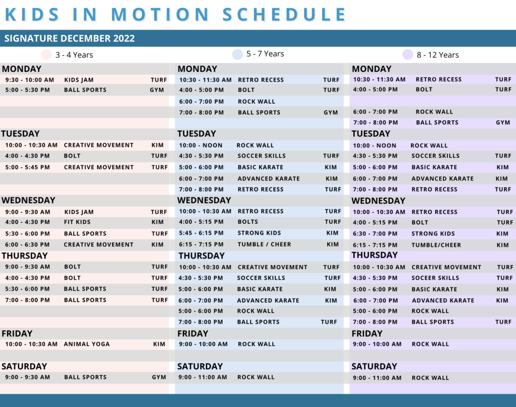 Kids In Motion Schedule for December